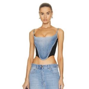Versace Cropped Denim Jersey Bustier Top Blue Black IT 40 US 4 NWT $1275